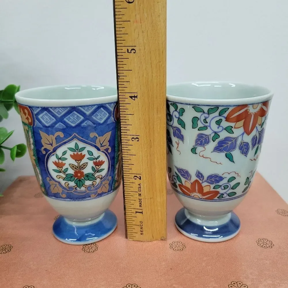 Pair Japanese Vintage Arita Porcelain Footed Tea Cups